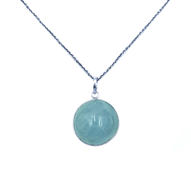 Χειροποίητο Μενταγιόν με Ακουαμαρίνα (Aquamarine) στρογγυλό καπουσόν 2,4 cm από ασήμι 925°
