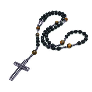 Χειροποίητο ανδρικό κολιέ Σταυρός Αιματίτης, Λάβα και Μάτι της Τίγρης eGAIA.gr