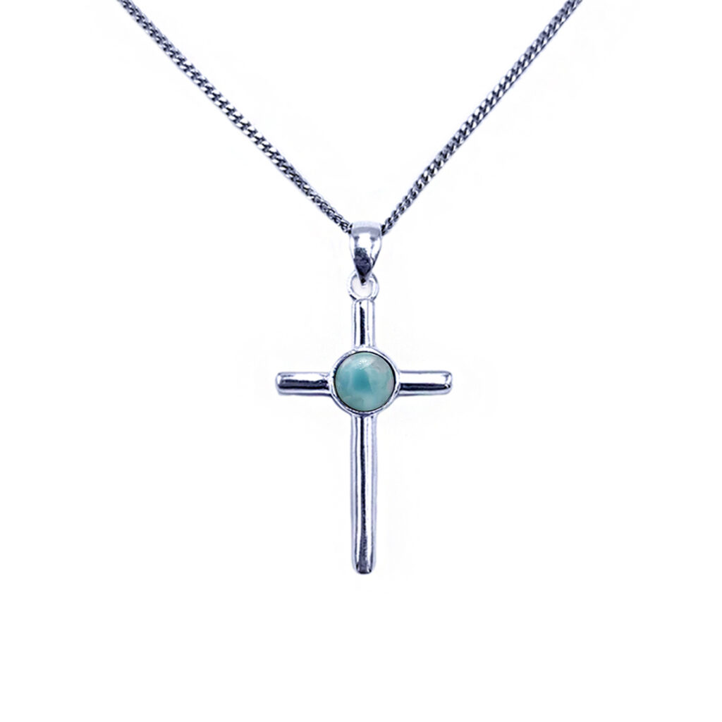 Χειροποίητος ασημένιος σταυρός Λάριμαρ (Larimar) οβάλ eGAIA