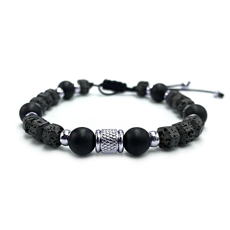 Χειροποίητο Ανδρικό Βραχιόλι Macrame Μαύρος Όνυχας (ματ 8mm) και Λάβα eGAIA