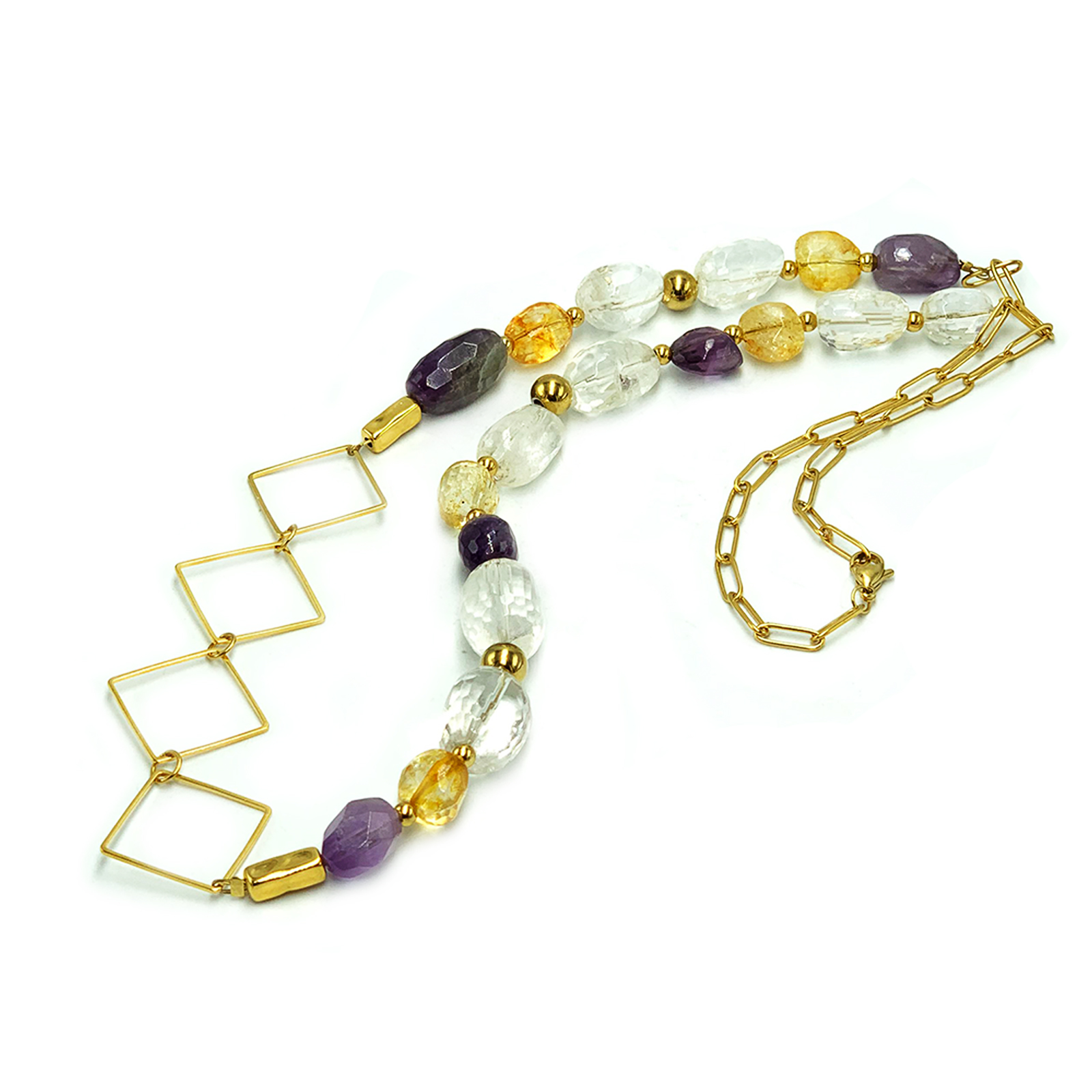 Χειροποίητο κολιέ Λευκός Χαλαζίας - Αμέθυστος – Κιτρίνης (Citrine) eGAIA