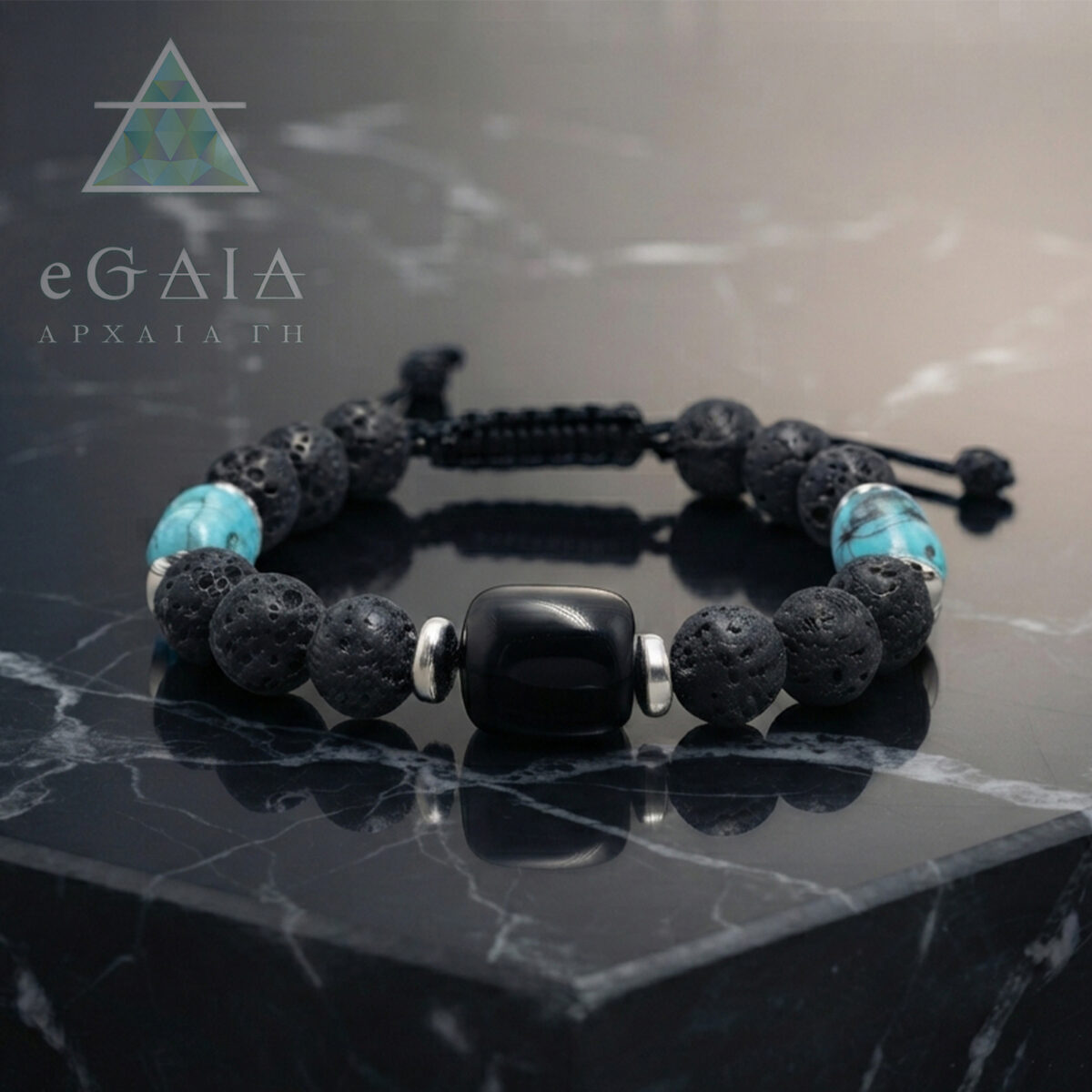 Χειροποίητο ανδρικό βραχιόλι Macrame Οψιδιανός - Χαολίτης - Λάβα eGAIA